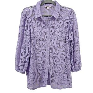 Nanette Lepore Size L Boho Lace Button Down Shirt Lilac Paisley Floral‎ Coquette